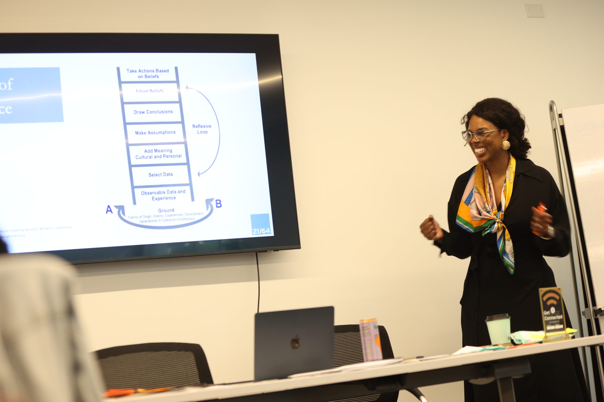 A woman in a black outfit stands and smiles while presenting in front of a screen displaying a circular flowchart. A laptop and papers are on the table in front of her in a modern conference room.