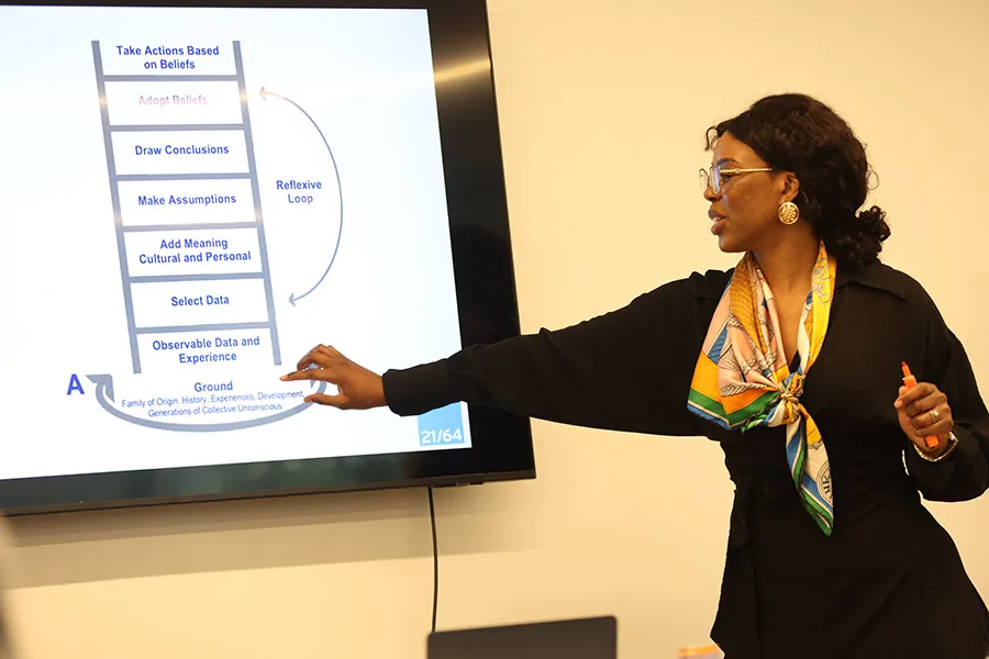 A woman wearing glasses and a colorful scarf points to a diagram on a screen during a presentation. The diagram illustrates steps in a decision-making process, including beliefs, conclusions, meaning, and data.