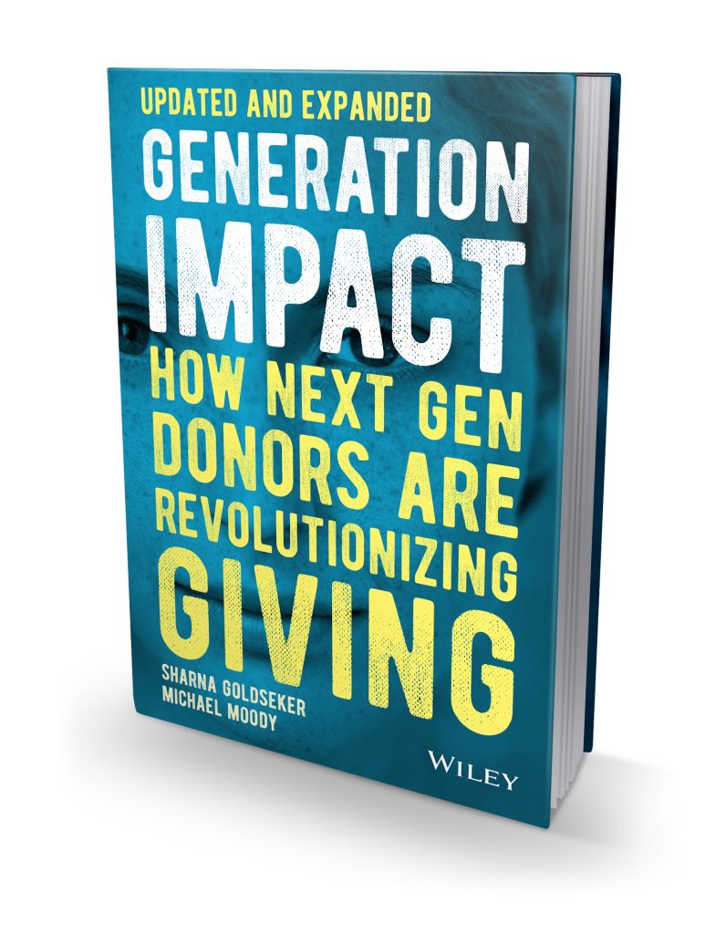 A book titled Generation Impact: How Next Gen Donors Are Revolutionizing Giving by Sharna Goldseker and Michael Moody, featuring a blue cover with bold yellow and white text and the publisher Wiley at the bottom.