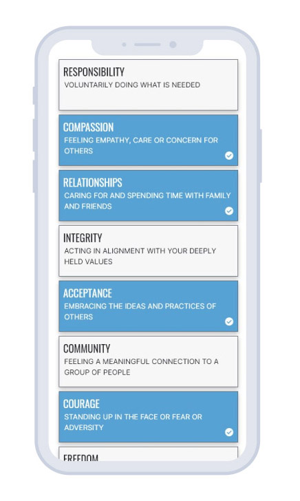 A smartphone screen displays a list of values: responsibility, compassion, relationships, integrity, acceptance, community, and courage, each with a brief description and a blue checkmark box.
