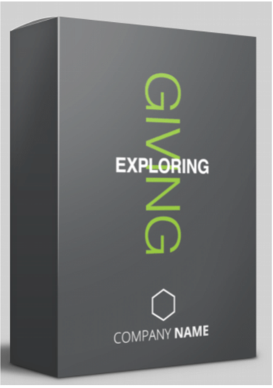 A dark gray product box with the words EXPLORING GIVING in white and green text, a simple hexagon icon, and the placeholder text COMPANY NAME at the bottom. The background is light gray.