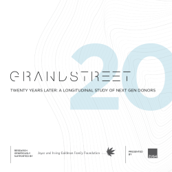 Graphic with GRANDSTREET and 20 in large text. Subtitle reads, Twenty Years Later: A Longitudinal Study of Next Gen Donors. Logos for the Joyce and Irving Goldman Family Foundation and 21/64 are at the bottom.
