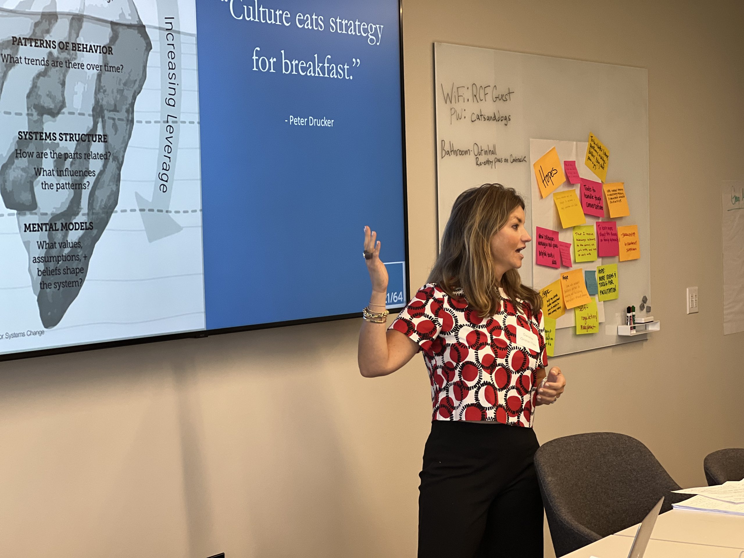 A woman stands and gestures while presenting in a meeting room. Behind her, a screen displays a Peter Drucker quote, and a whiteboard is covered with diagrams, sticky notes, and writing.