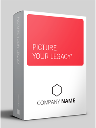 A software box with a red and white design, displaying the text PICTURE YOUR LEGACY and COMPANY NAME with a hexagon logo on the front. The background is light gray.