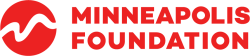 Logo for the Minneapolis Foundation featuring a red circle with a white wavy line inside, next to the organization’s name in bold red capital letters.