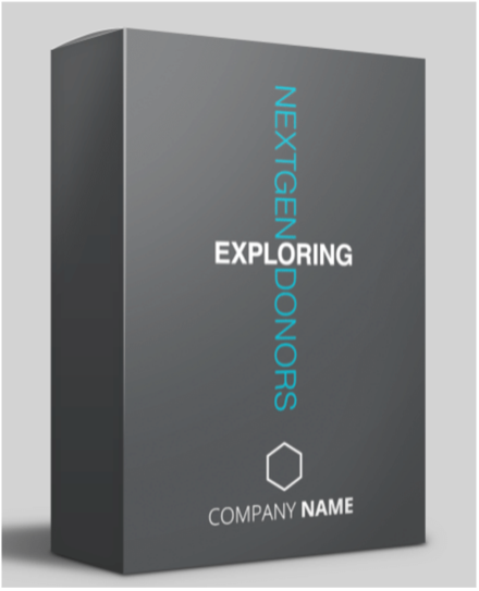 A dark gray product box with the text NEXTGEN DONORS vertically aligned, EXPLORING in large white letters, and COMPANY NAME with a hexagon outline near the bottom.