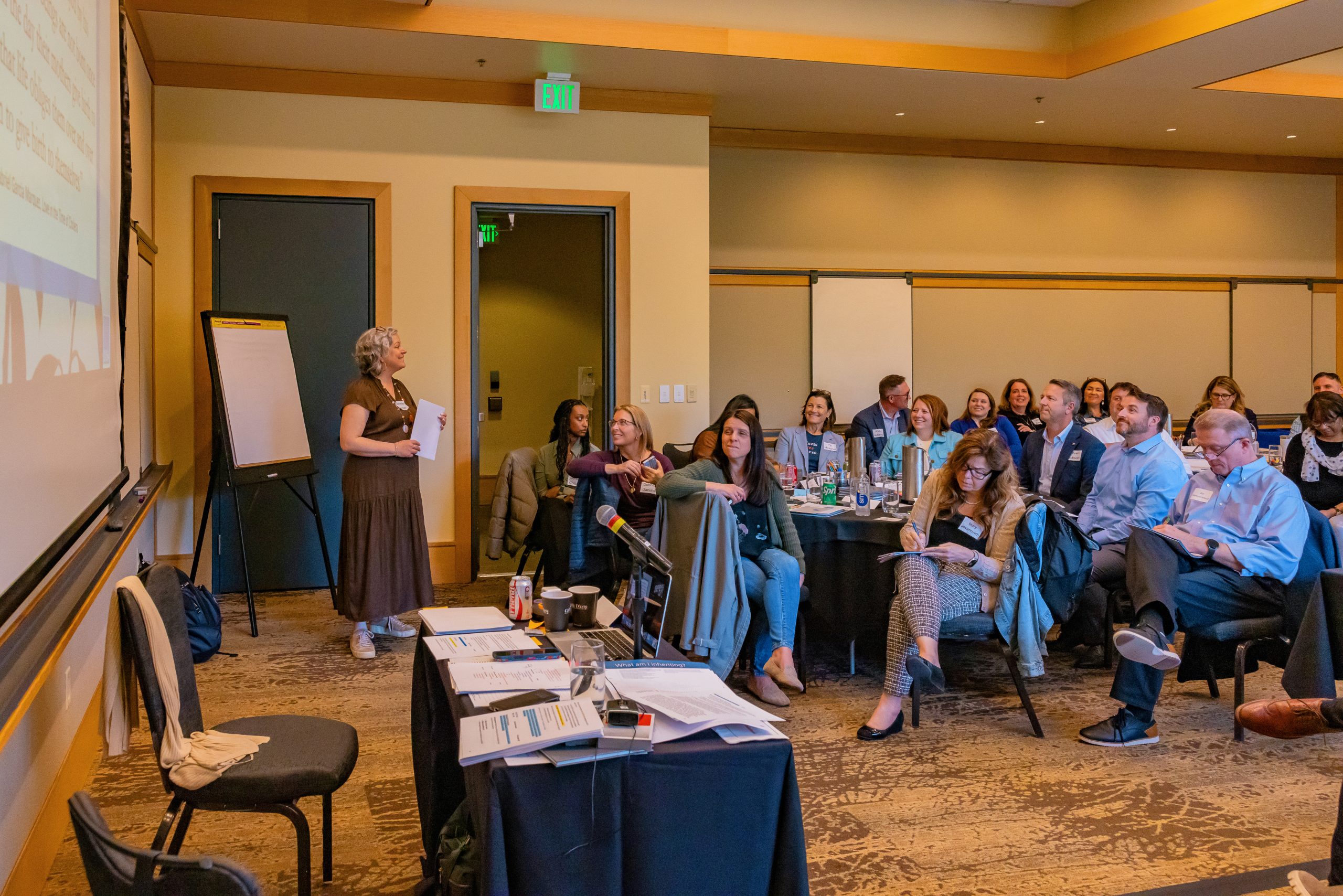 A woman stands at the front of a conference room giving a presentation to a seated group of professionals, who are watching and listening attentively. Tables hold drinks, papers, and laptops.