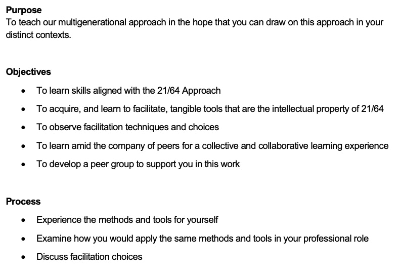 Screenshot of a document outlining the purpose, objectives, and process of a facilitation approach, with bullet points under each heading detailing skills, techniques, and collaborative learning goals.