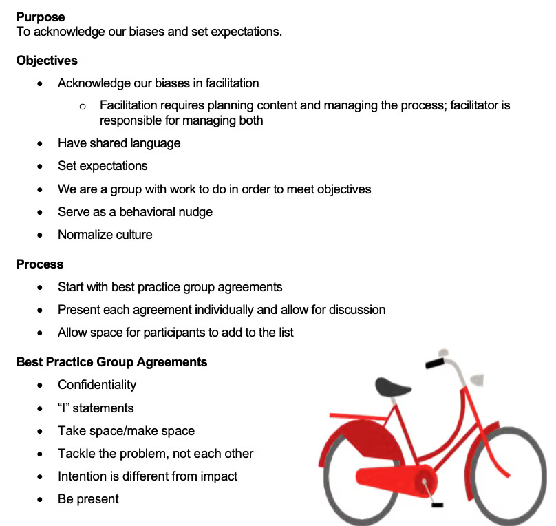 A slide with text outlining a meetings purpose, objectives, process, and best practice group agreements. In the bottom right corner, there is an illustration of a red bicycle.