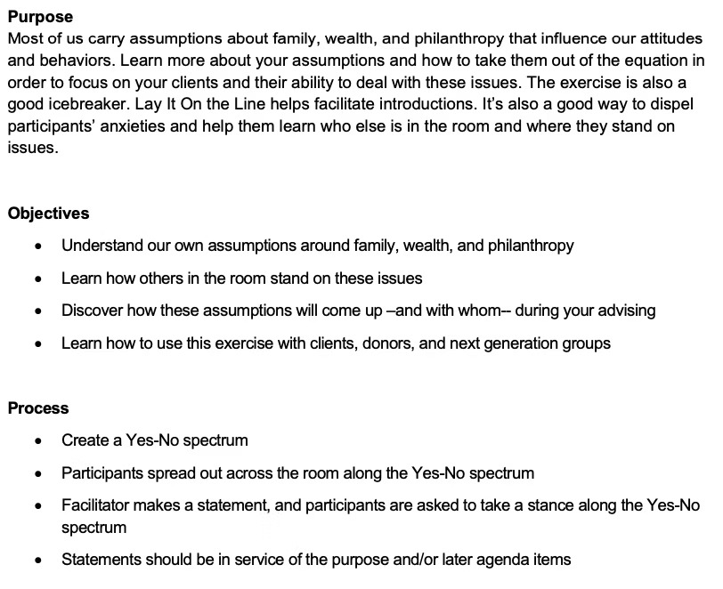 A document explains an activity called Lay It On the Line, outlining its purpose, objectives, and process for discussing assumptions about family, wealth, and philanthropy using a Yes-No spectrum and group participation.
