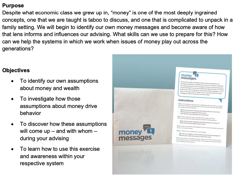 A document titled money messages is shown next to a white napkin. Text above outlines a workshops purpose: exploring personal and social assumptions about money, and objectives for examining and discussing money-related behaviors.
