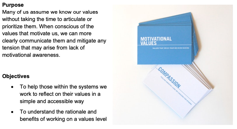 A stack of blue and white cards labeled Motivational Values and Compassion lies on a white surface. Text beside the cards explains the purpose and objectives of clarifying and understanding personal values.