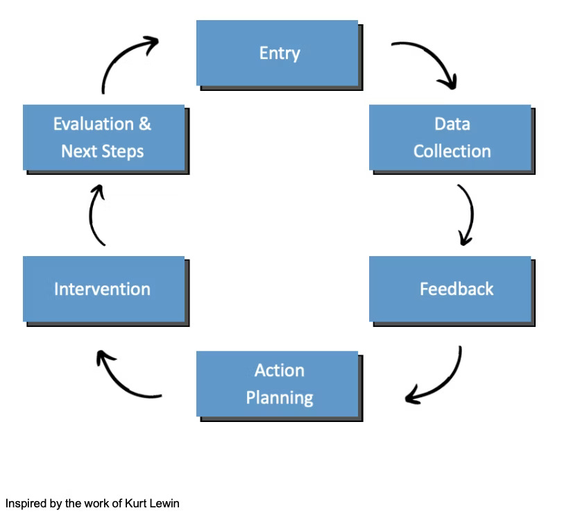 A circular flowchart with six blue boxes: Entry, Data Collection, Feedback, Action Planning, Intervention, and Evaluation & Next Steps, connected by arrows. Text notes its inspired by Kurt Lewins work.