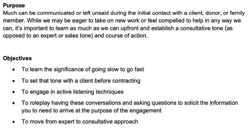 A document section with the heading Purpose, describing the importance of a consultative tone when engaging clients, followed by bullet-pointed objectives such as using active listening and moving from expert to consultant.