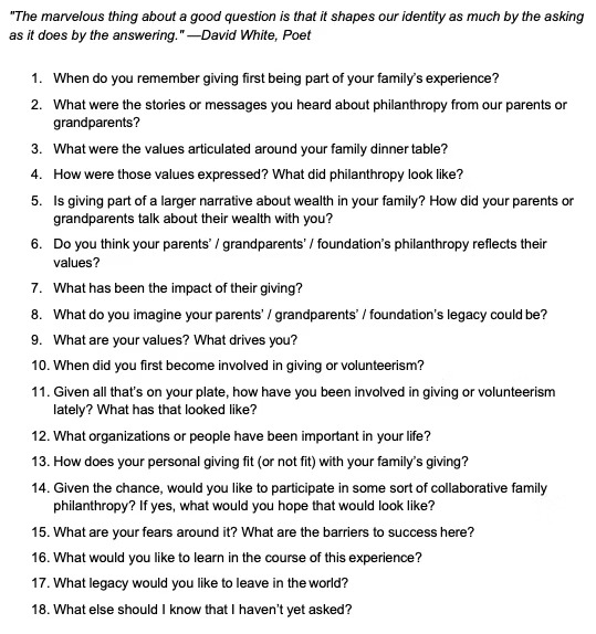 A list of 18 reflective questions about philanthropy, family values, and giving, including topics like motivations, family influence, personal impact, and future legacy. A quote by David Whyte is at the top.