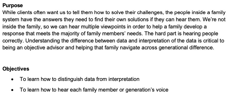 Screenshot of a document section. The Purpose explains the importance of hearing family members to address generational challenges. Under Objectives, two goals are listed: distinguishing data from interpretation and hearing all voices.