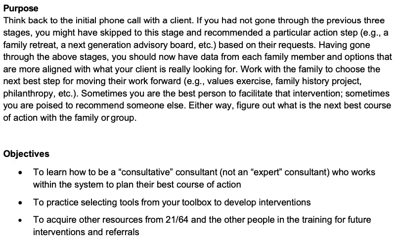 A document section titled Purpose explains how to recommend the next best step for a client, and an Objectives list with three bullet points about being a consultative consultant, using intervention tools, and acquiring resources.