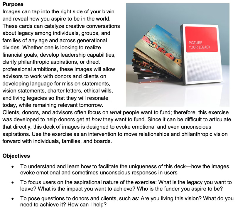 A stack of colorful cards titled PICTURE YOUR LEGACY stands upright on a table. Text beside it describes the purpose and objectives of using these cards for exploring legacy, values, and philanthropic vision.
