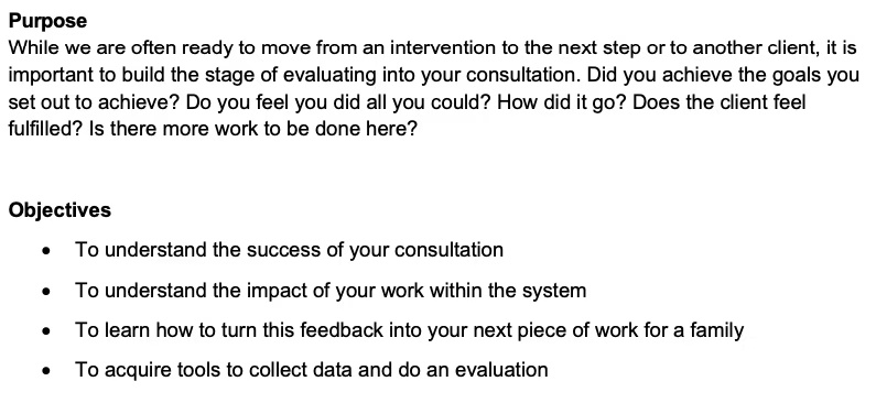 Screenshot of text outlining the purpose and objectives of evaluating consultations, including assessing success, impact, feedback application, and tools for data collection and evaluation.