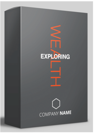 A dark gray product box displays the words EXPLORING in white and WEALTH in orange vertically. Below is a hexagon icon and the text COMPANY NAME in white, with a minimalist design.