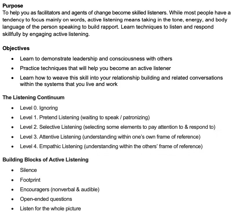 A text-based document outlines the purpose, objectives, listening continuum, and building blocks of active listening, including steps such as ignoring, pretending, selective, attentive, and empathic listening.