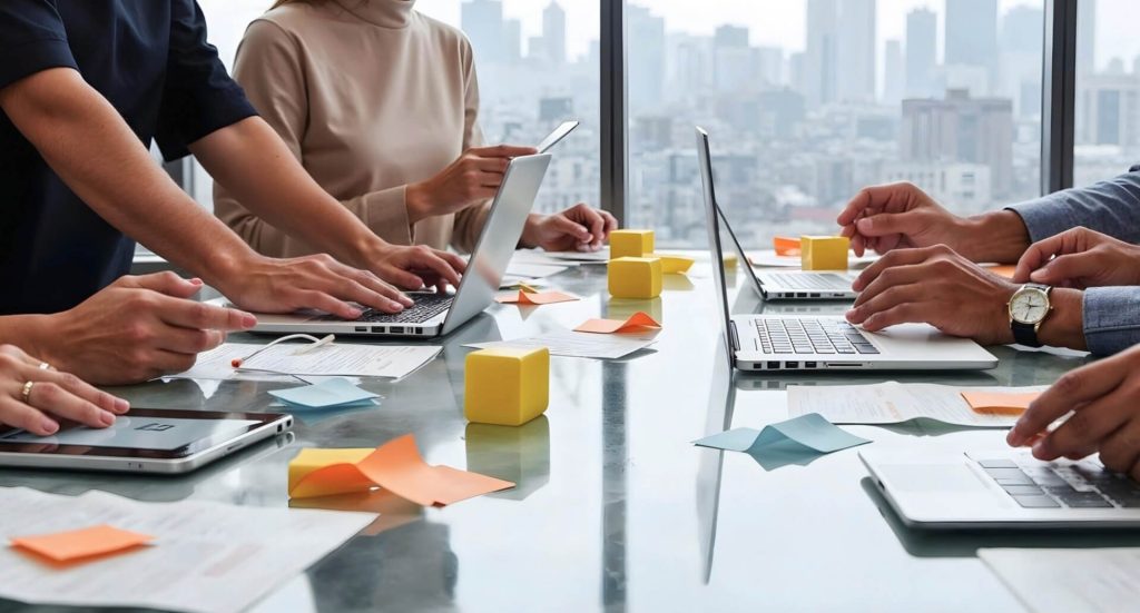 Several people work around a table with laptops, sticky notes, documents, and yellow cubes, collaborating in a modern office with large windows and a city skyline in the background.