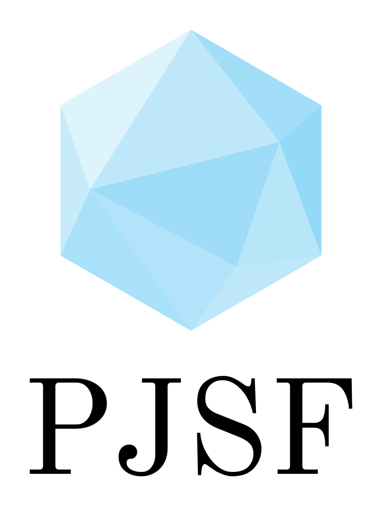 A light blue geometric hexagonal shape above the bold black letters PJSF on a light gray background.