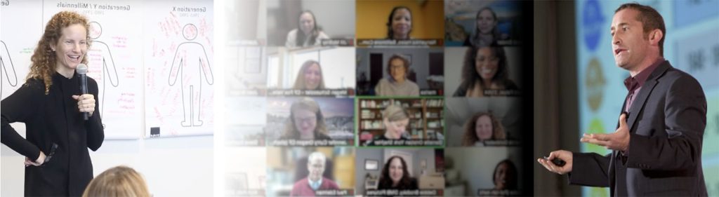 A man gives a presentation, a group of people participate in a video call, and a woman speaks into a microphone beside whiteboards with diagrams and notes about generations.
