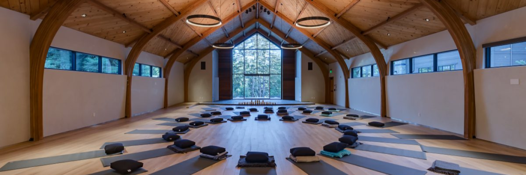 A spacious, wooden-ceilinged yoga studio with large windows is arranged in a circle with mats, meditation cushions, and blankets neatly set up for a group session. Forest views are visible outside.
